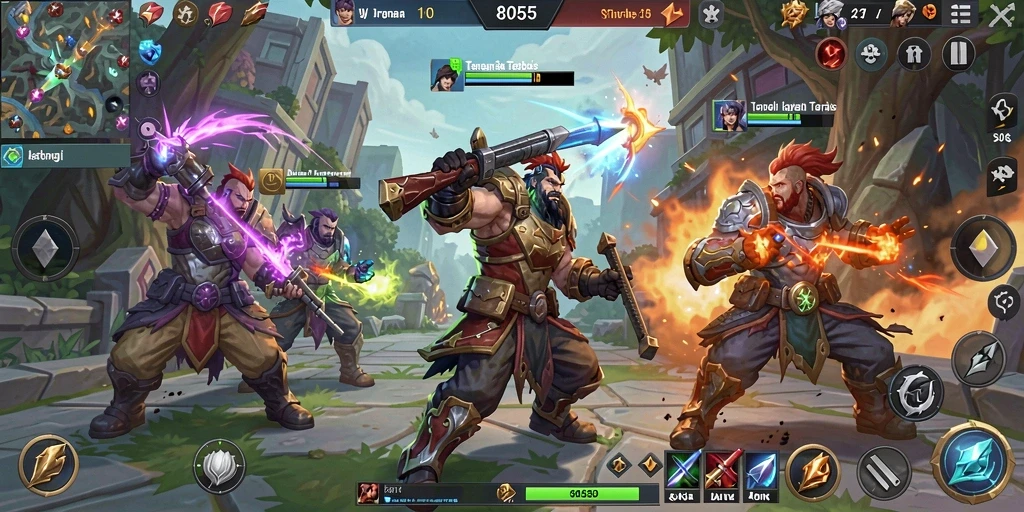 Menampilkan pertempuran seru dalam game MOBA 8055.