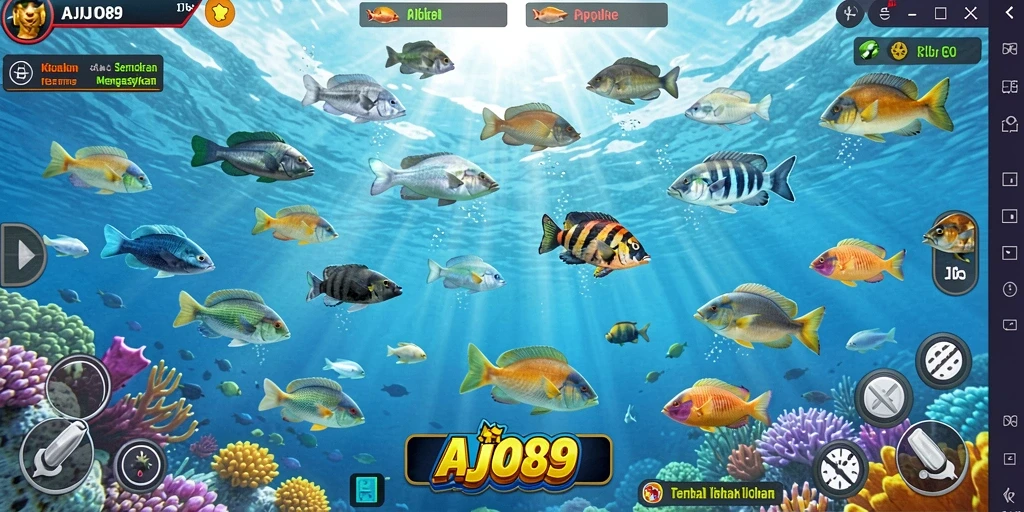 Screenshot AJO89 menampilkan aksi menembak ikan yang seru di dalam permainan.