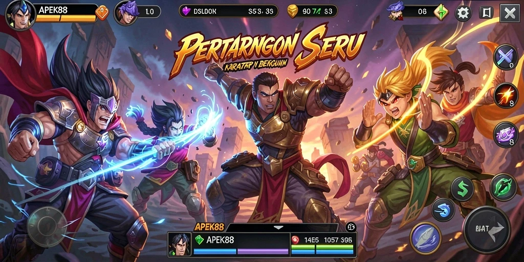 Tampilan aksi mendebarkan dalam APEK88 dengan beragam karakter bertarung.