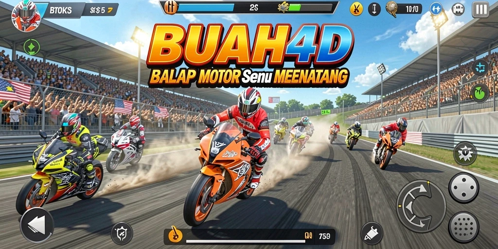 Tampilan screenshot gameplay BUAH4D dengan balapan motor yang seru.