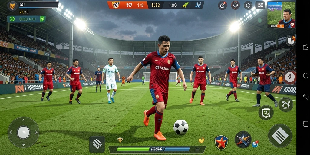 Screenshot permainan KKRP dengan grafis sepak bola yang mengesankan.