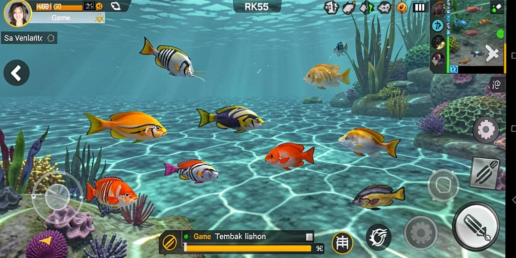 Gameplay RK55 menampilkan aksi menembak ikan yang seru dan berwarna.