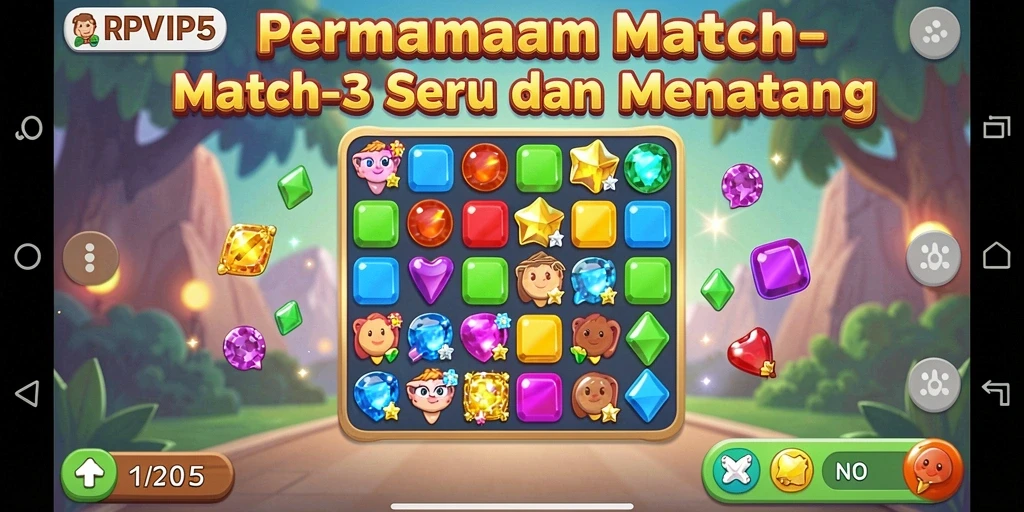 Screenshot gameplay RPVIP5 menampilkan aksi Match-3 yang dinamis.