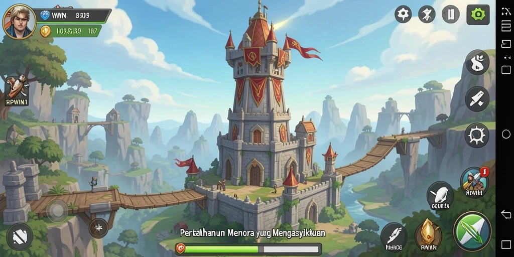 Gambaran gameplay RPWIN1 dengan menara pertahanan yang epik.
